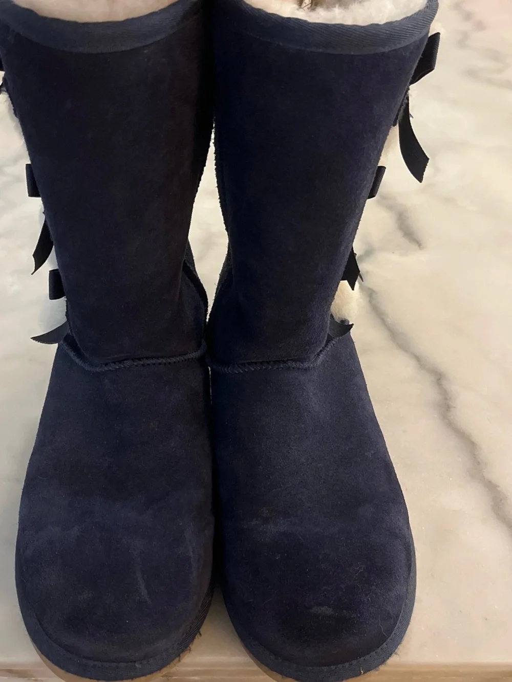 Koolaburra Navy Suede Winter Boots with Fur Pom and Bows Detail
